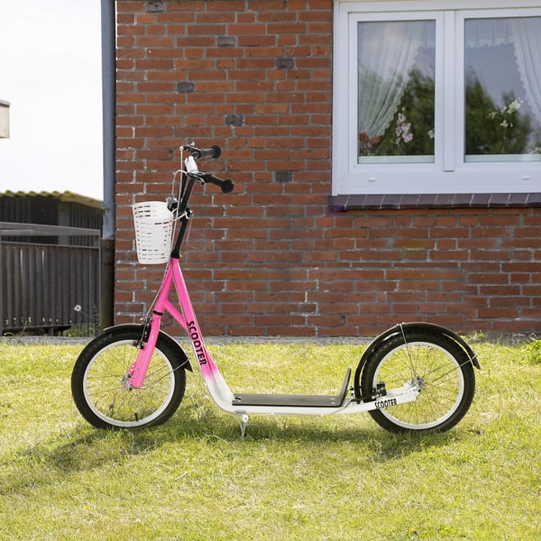 Børneløbehjul med bremse, kurv og justerbar højde - Rosa/Hvid (Metal, Plast)