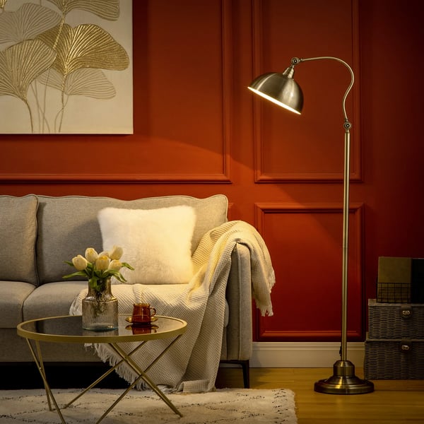 gulvlampe, retro buelampe med justerbar lampeskærm, E27, messing-look, til stuen