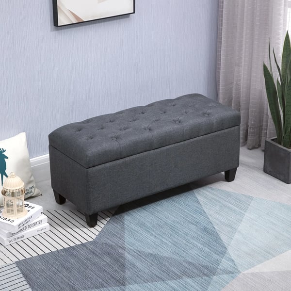 bænk, polstret bænk med opbevaring, kistebænk, hør-lignende polyester, gummitræ, mørkegrå, 100 x 40 x 44 cm