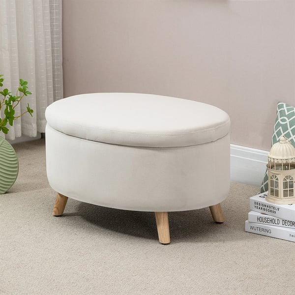 Oval Förvaringsbänk med Lock - Vadderad Sängbänk i Sammet, Beige Polyester, (71 x 51,5 x 42 cm)