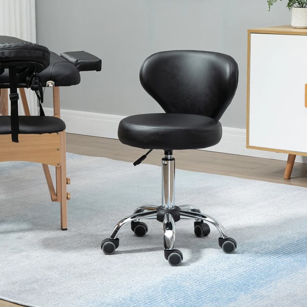 Pyörivä hierontatyöjakkara - Säädettävä korkeus 49-64 cm, ergonominen selkänoja, musta keinonahka, metallirunko