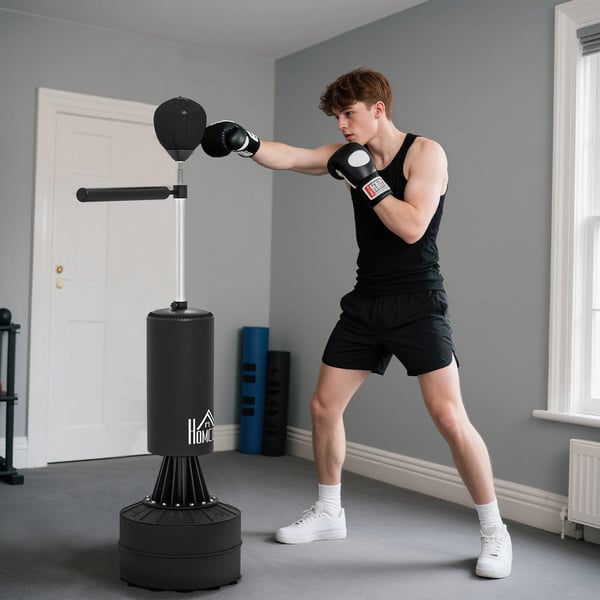 stående boksesæk m. speedball, refleksstang, højdejusterbar 155-205cm, sort, plast
