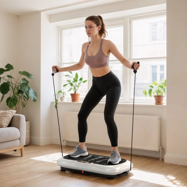 Vibrationsplade med Træningselastikker - Helkropstræning, 99 Intensitetstrin, Max 120 kg, Hvid/Sort