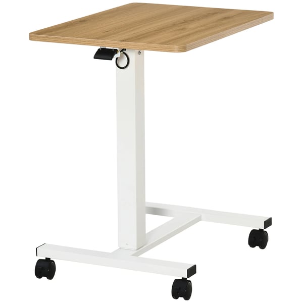 Justerbart Sidobord med hjul, C-form, Laptopbord för soffa/säng, Natur/Vit, 70-110 cm