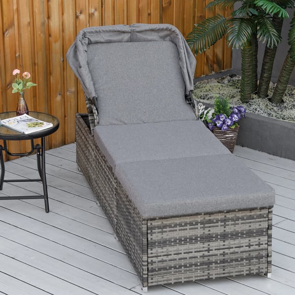Liggestol i Polyrattan med Soltag, Justerbar Have-/Rattan liggestol med Hynde, Grå, 195x65x40cm