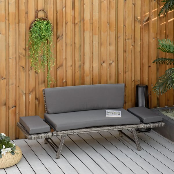 2-person polyrattan lounge sofa, grey, foldable armrests, steel, 129x63x67cm, for garden & patio