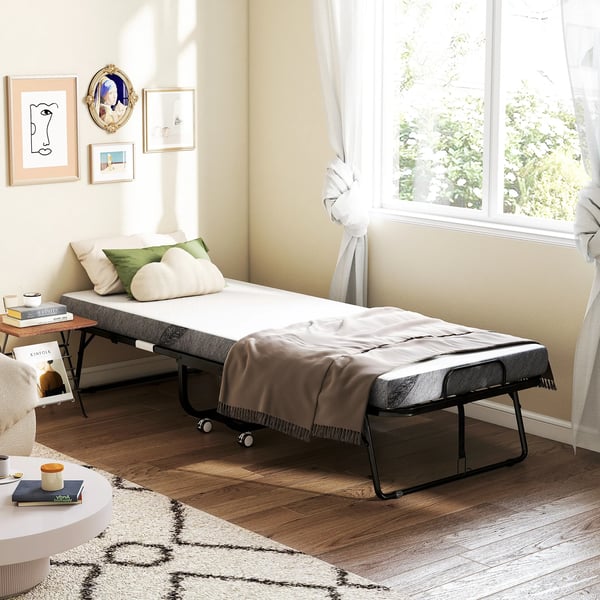 Hopfällbar Gästsäng med Hjul, 200x80cm, Vit/Svart, Polyester och Skum