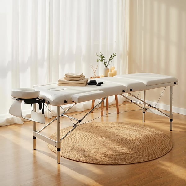 foldbar massagebriks, justerbar, m. nakkestøtte, aluminium, skum, plast, hvid