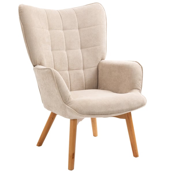 Fåtölj med Pall, Bekväm Vilstol i Manchesteroptik, Loungefåtölj med Armstöd och Träben, TV-stol för Vardagsrum, Beige, Polyester
