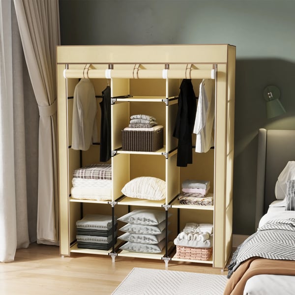 Tygsk9p med 2 klesstenger og 8 hyller, sammenleggbart, fleece, beige, 125x43x162,5cm