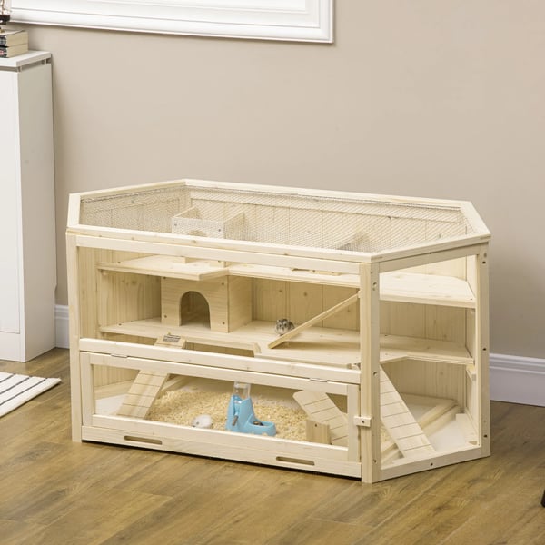 Lille Hamsterbur i Grantræ Natur - 3 Etager med Rampe, Aftagelig Bakke - 115x60x55 cm