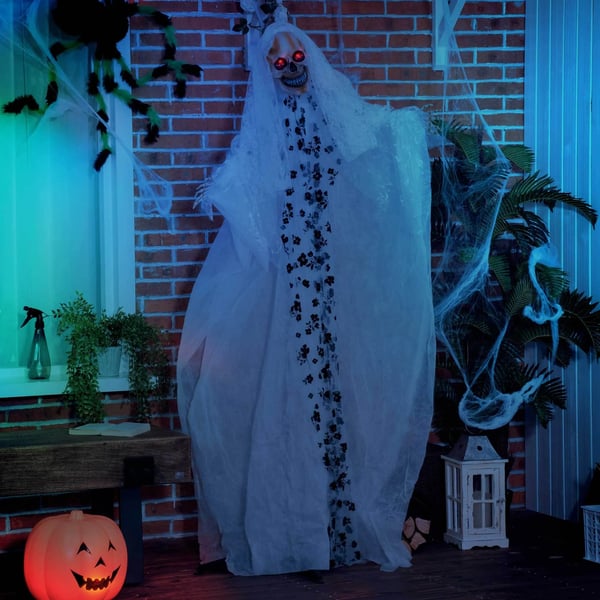 175cm Halloween Dekoration Hängande Spökbrud Skelett Skalle med glödande ögon, specialeffekter och ljudfunktion i naturlig storlek