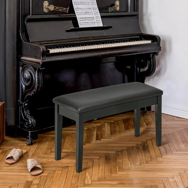 Pianobänk i svart gummiträ och konstläder, justerbar och med förvaring, 75x35x49 cm