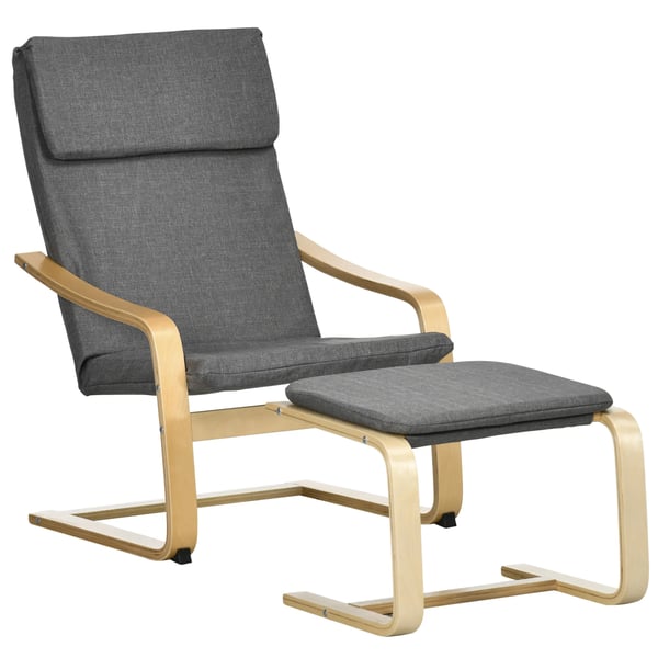 Komfort stol med skammel, sidel2 stol med fodskammel, l2nnetslook, gr2, polyester, krydsfiner, svamp, polstret, arml2n