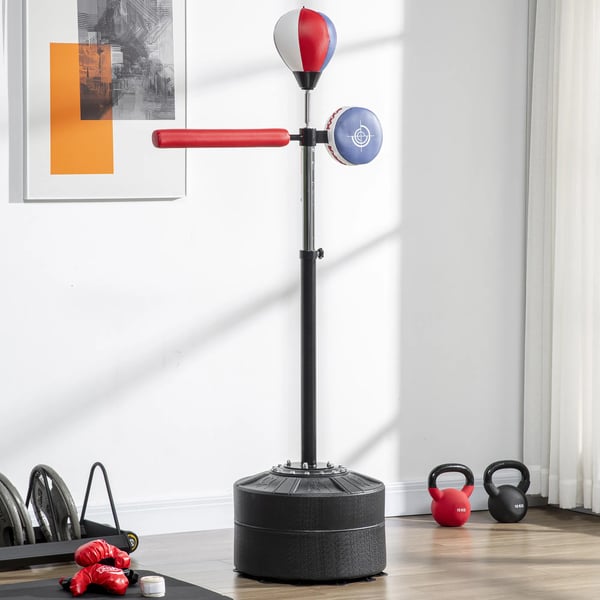 Boxningssäck med Boxboll, Reflexstång - Höjdjusterbar 1,63-2,05m, Stål/HDPE/Konstläder, Svart/Röd/Blå