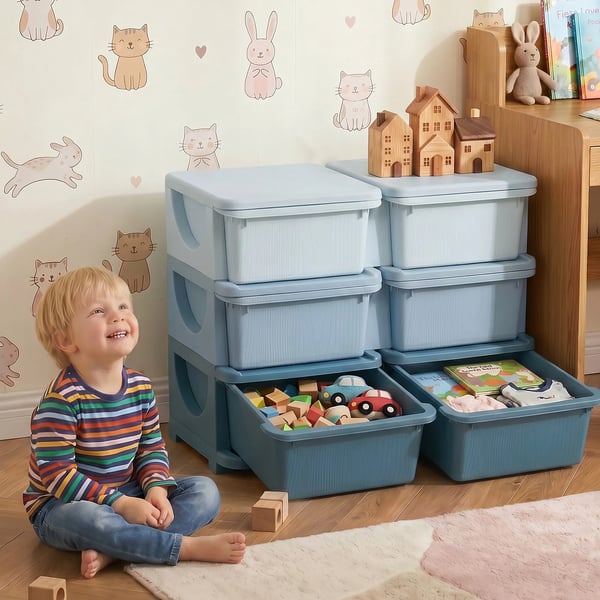 Barnförvaringslåda med lock, leksaksskåp för barn, 6 lådor, blå, PP-plast, 37x27.5x56.5 cm