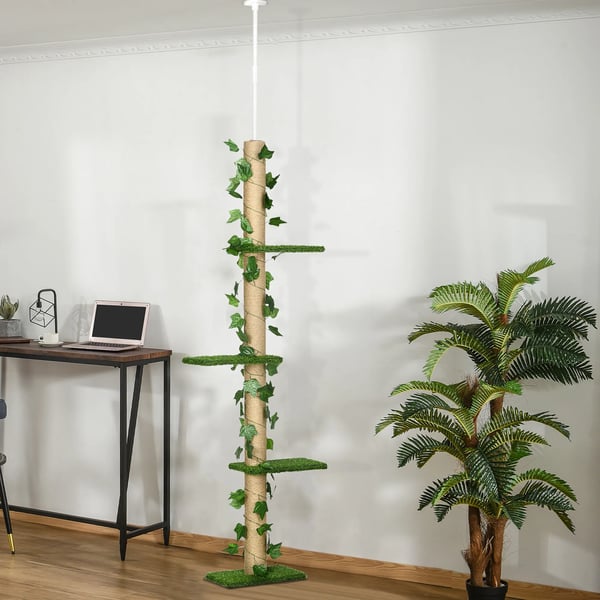 Loftsmonteret Kradsetræ til Katte, Højdejusterbar 202-242 cm, med Legetøj og Kradsestolper, Grøn/Gul