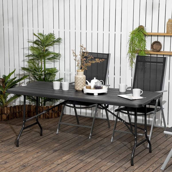 Trädgårdsbord fällbart för 6 personer, buffébord med stålram, terrassbord i träoptik, 180 x 75,5 x 73 cm, mörkgrått