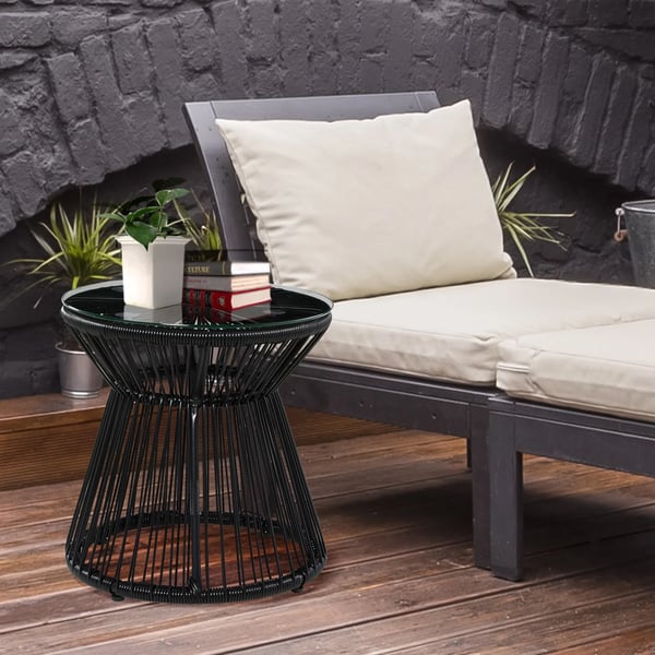 trädgårdsbord med ihålig design, bistrobord med bordsskiva av glas, runt soffbord, bistrobord med bordsskiva av glas, svart