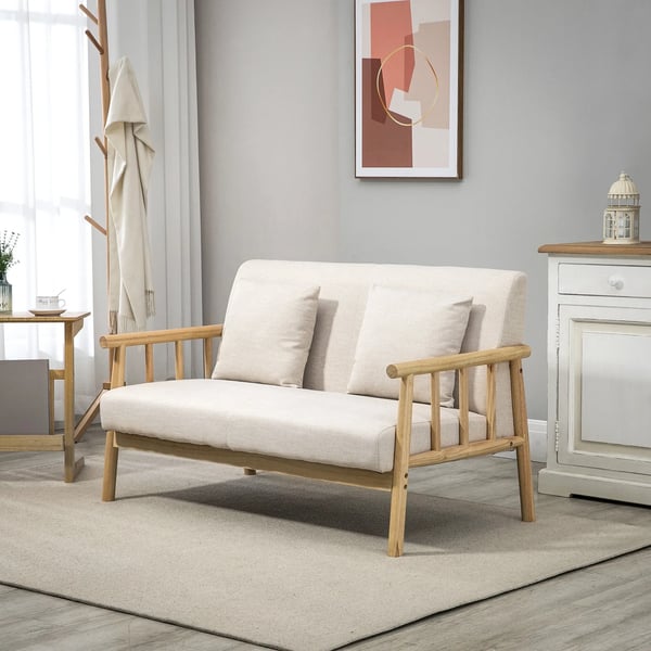 2-personers sofa, beige, polyester, linned-look, træstel, 2 hynder, pladsbesparende