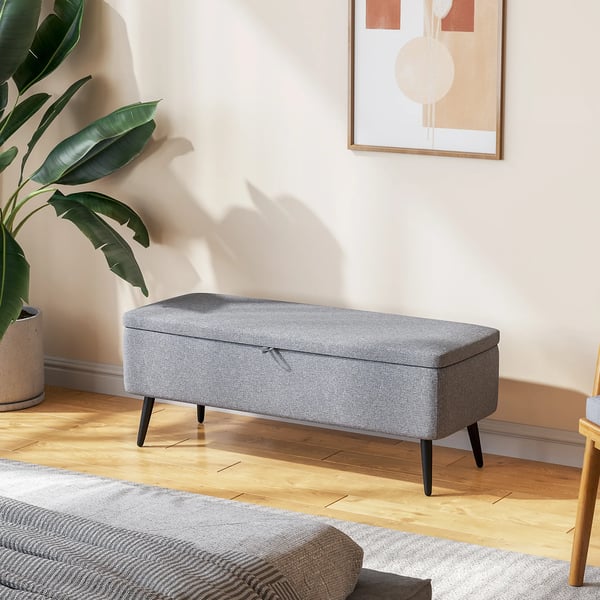 Förvaringsbänk i linnelook, stoppad med dolda förvaringsutrymme, grå polyester, 101x38,5x44,5 cm