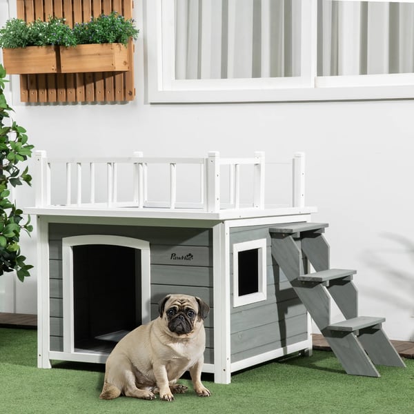 Hundehus i Tannenholz, Lysegrå med Terrasse og Trappe, til Mellemstore Hunde