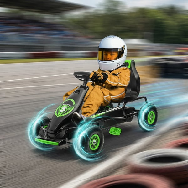 Gokart til børn, grøn/sort, justerbart sæde, gummidæk, pedal- og håndbremse, fra 5 år
