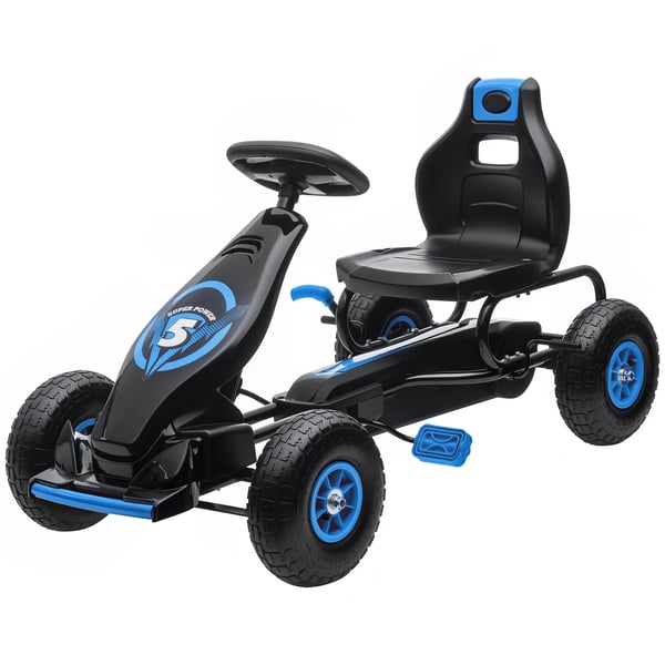 Gokart för barn med justerbart säte, gummidäck, pedal- och handbroms, från 5 år, blå+svart