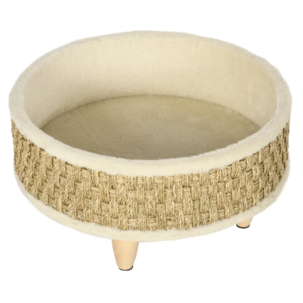 Hundsäng Økad Djursäng med Tvättbar Kudde, Sjögräsrep och Träben, Rund, Beige+Khaki, 48x48x24,5 cm