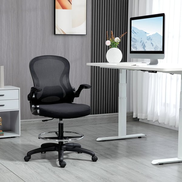 Ergonominen Toimistotuoli Jalkatuella, Säädettävä Korkeus & Lannerangan Tuki, Hengittävä Verkkokangas, Musta