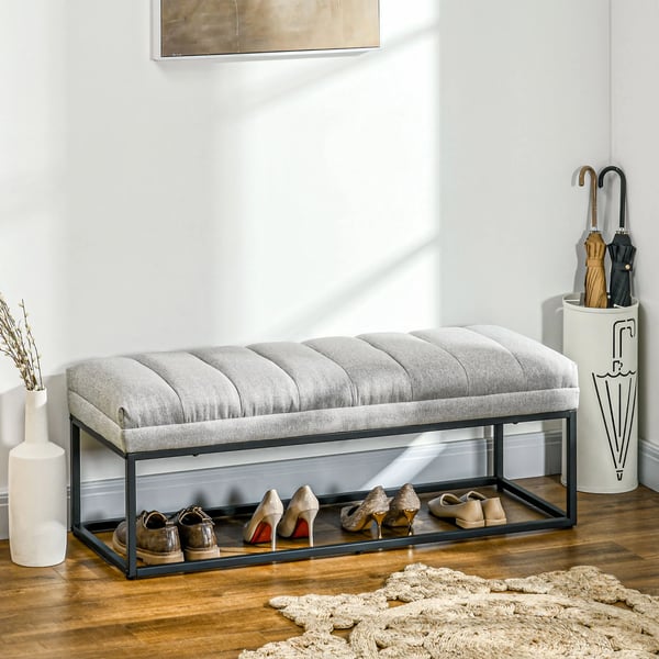 Ljusgrå Sittbänk i linnelook, Vadderad Bänk för Sovrum/Hall, 120x44x45,5 cm, Max 200 kg, Polyester/Skum/Stål