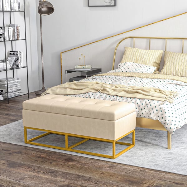 Säilytyspenkki pehmustettu, saranakansi, sametti-look, teräsjalat, beige, 110x44x49cm