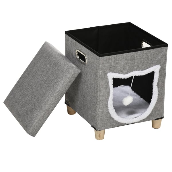 Katthus med kudde, klösmattor, leksaksboll, halkskydd, grått MDF/polyester/plysch/sisal