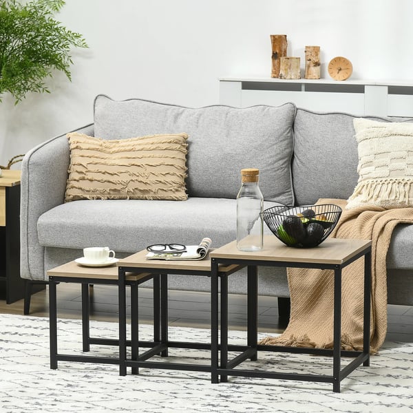 soffbord 3-delat set sidobord, satsbord med stålram, soffbord i industridesign, kaffebord, vardagsrumsbord med träutseende, natur