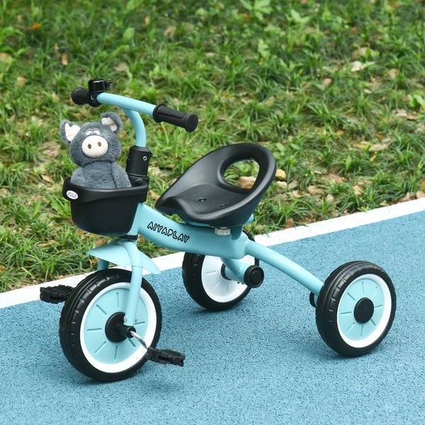 Blå Trehjulet Løbecykel til Børn 2-5 år, Justerbar Sædehøjde, Med Kurv & Ringeklokke, Solid Konstruktion af Metal/EVA/Plastik/PE