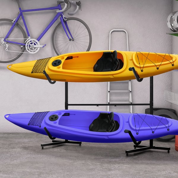 kanostativ, kajakholder, justerbart kajakstativ til 2 kajakker, surfboards, stand-up paddleboards, polstrede bøjler, metal
