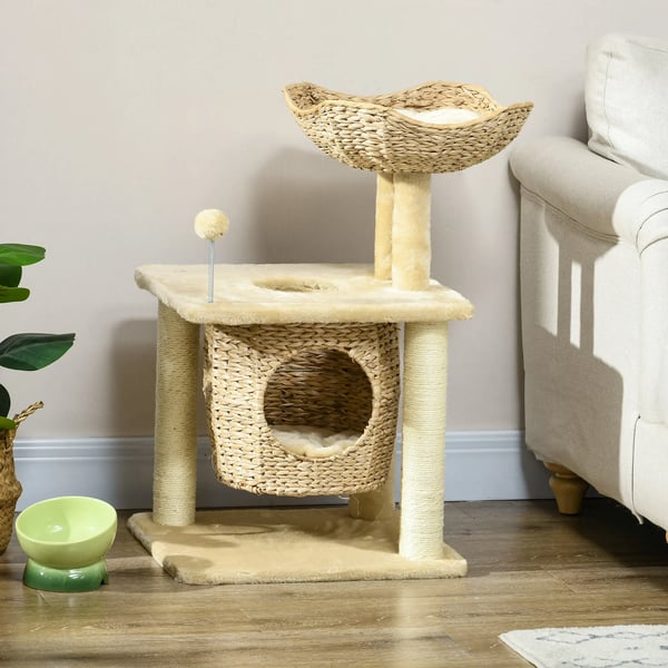 Katte Træ med Hule og Legebold, Beige Sisal Kradsemøbel Indendørs Klatretræ 74 cm