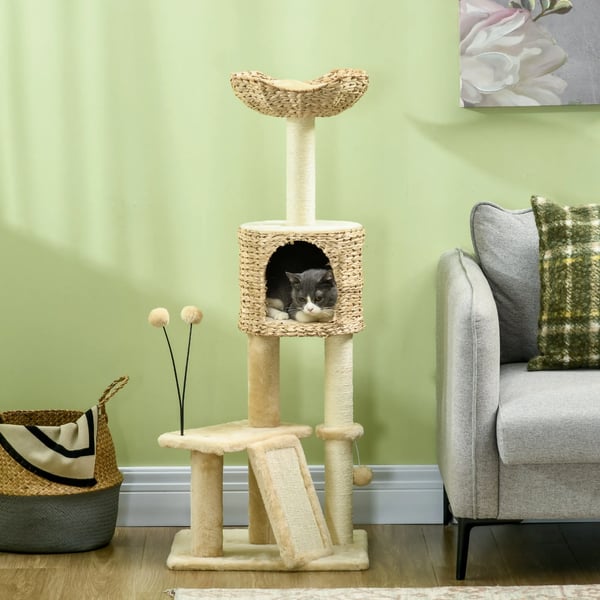 Klösträd 116 cm i Beige Sisal, Lyxig Klätterställning för Katter med Hängmatta och Leksaker