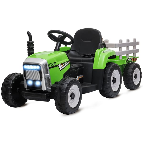 El-traktor 12V med Släpvagn, Grön Elbil för Barn med MP3, Strålkastare, 3-6 År