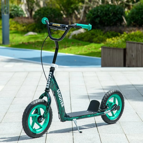 Børneløbehjul, højdejusterbart løbehjul til børn, med bremse, støtteben, 2 hjul, stål, grøn