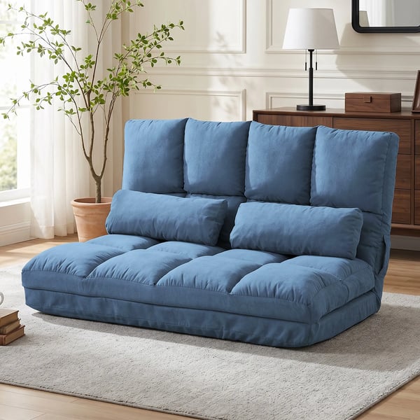 Gulvstol 2-i-1 Gulvsæde Foldbar Seng Ryglæn 3 Positioner Justerbar Siddepude Fløjl Stål Blå 102x73x60cm