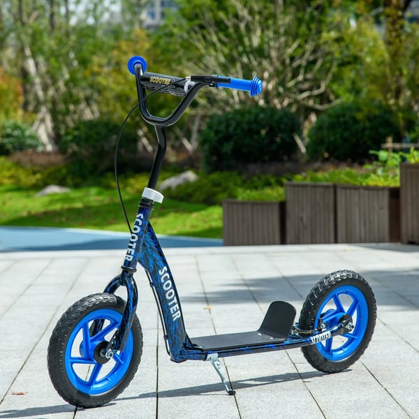 Børnescooter, højdejusterbart løbehjul til børn, med bremse, støtteben, 2 hjul, stål, blå