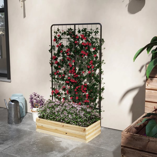højbed med espalier, plantekasse i træ, urtebed, blomsterkasse til have, altan, naturtræ, 80 x 38 x 145 cm
