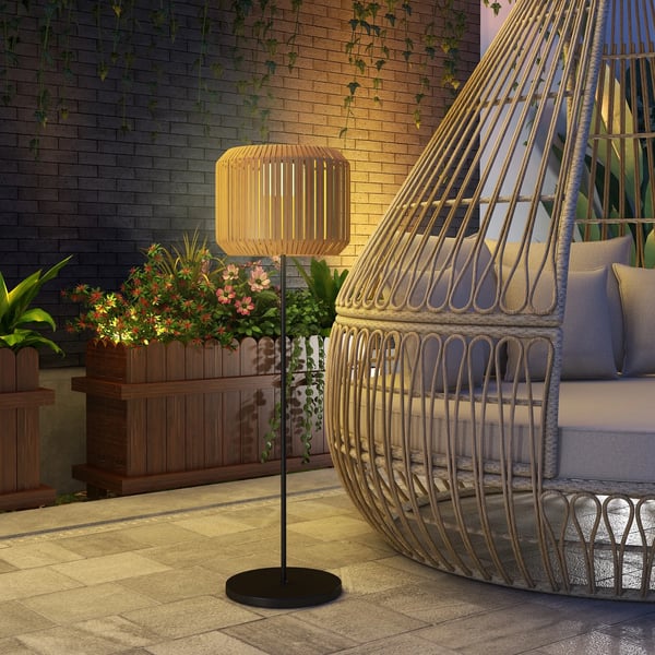 Solcellelampe Gul Rattan, Vandtæt LED Have/Sti Lys med Lyssensor, Elegant Stål Solcellelampe til Have, Græsplæne, Gårdhave, Terrasse Ø34x130c