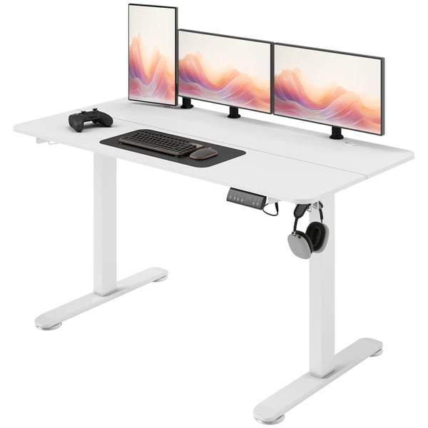 Højdejusterbart skrivebord 140x70cm elektrisk computerbord med 4 hukommelsesindstillinger, ergonomisk sidde-stå-skrivebord, krog, antikollision, hvid