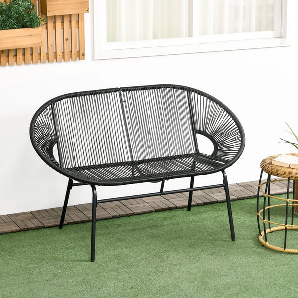 Polyrattan bænk 2-personers Rattanbænk havebænk, balkonbænk op til 260 kg, sort, stål, til terrasse & altan
