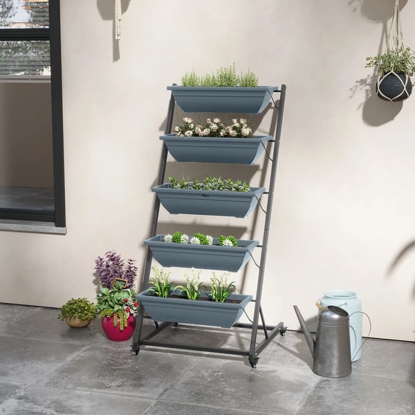 plantestativ, blomsterstativ med 5 etager, planterol med hjul, blomsterreol med huller, plantetrappe til haven, stål, grå