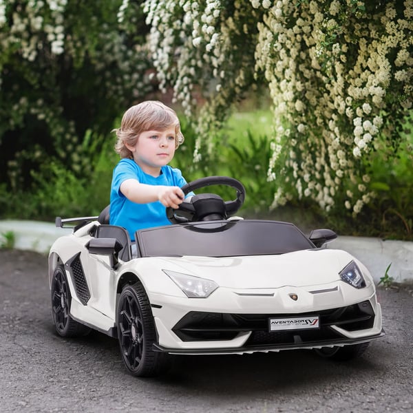 Elbil för barn Lamborghini Aventador, 12V elfordon med fjärrkontroll, MP3, LED-lampor, vit