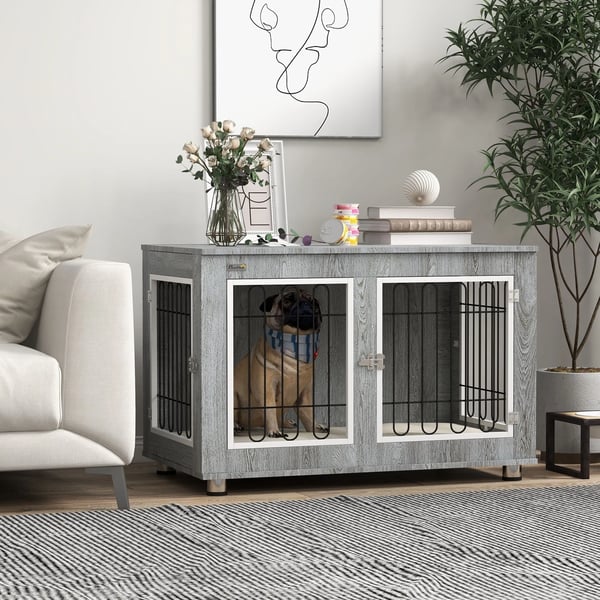 Hundbur med kudde, 2 dörrar, för medelstora hundar, grå, 90x58x65 cm
