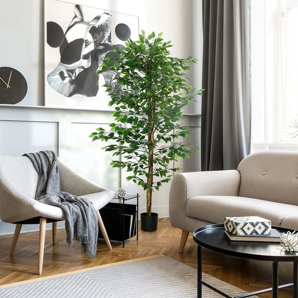 Konstgjord Växt, 180 cm Konstgjord Växt med Planterare, Konstgjord Moss, Konstgjord Ficus Konstgjord Träd, Inomhusväxt för Vardagsrum, Grön